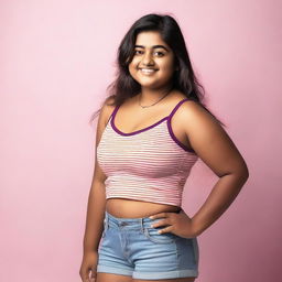 A chubby Indian teenage girl wearing a tight camisole and small shorts