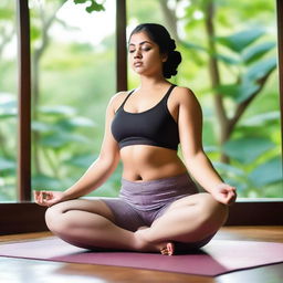 A chubby, fair-skinned Indian teenage girl is practicing yoga in a serene setting