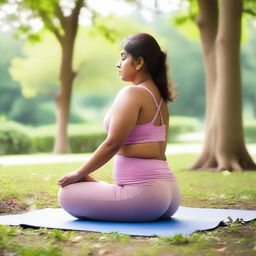 A chubby, fair-skinned Indian teenage girl is practicing yoga in a serene setting