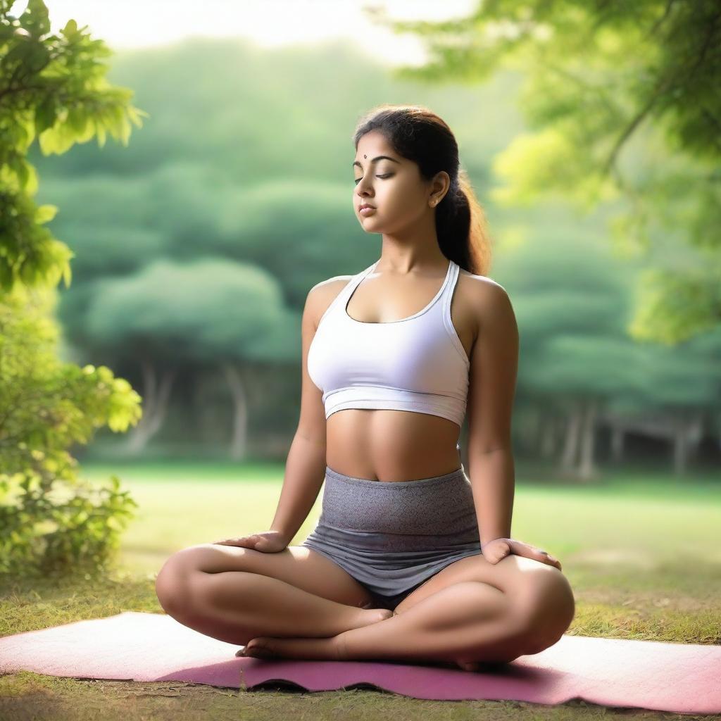 A chubby, fair-skinned Indian teenage girl is practicing yoga in a serene setting