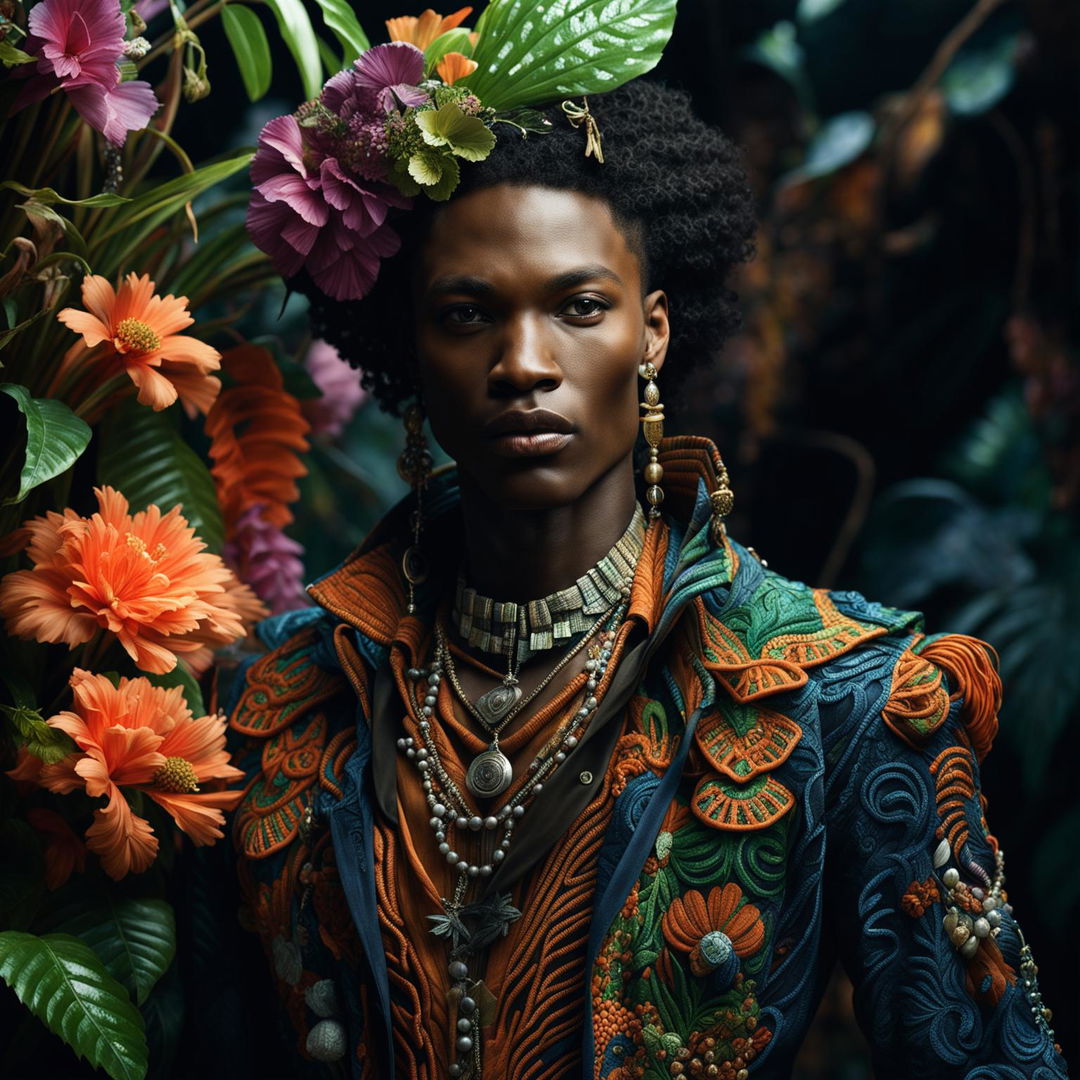 Hyper-realistic 3D photograph of an androgynous African man in Rococo attire in a vibrant mystical jungle.