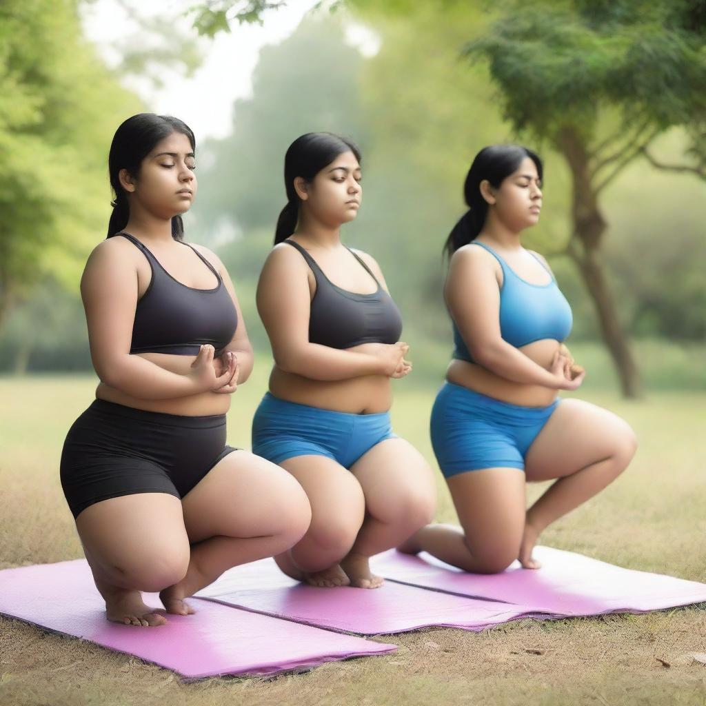 Two chubby, fair-skinned Indian teenage girls are practicing yoga together in a serene setting