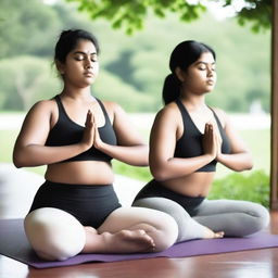 Two chubby, fair-skinned Indian teenage girls are practicing yoga together in a serene setting