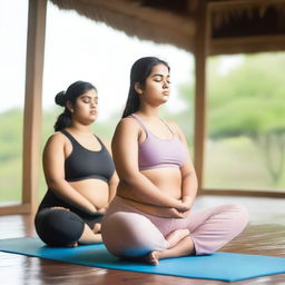 Two chubby, fair-skinned Indian teenage girls are practicing yoga together in a serene setting