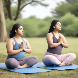 Two chubby, fair-skinned Indian teenage girls are practicing yoga together in a serene setting