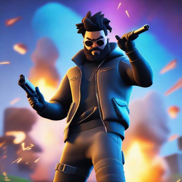 Create an image of The Weeknd in a Fortnite battle