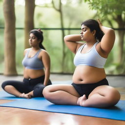 Two chubby, fair-skinned Indian teenage girls are practicing yoga in a serene setting