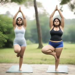 Two chubby, fair-skinned Indian teenage girls are practicing yoga in a serene setting