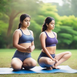 Two chubby, fair-skinned Indian teenage girls are practicing yoga in a serene setting