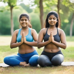 Two chubby, fair-skinned Indian teenage girls are practicing yoga in a serene setting