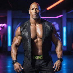 Actor and wrestler The Rock styled in vibrant electropunk fashion, featuring neon lights, electric charged accessories, and situated in a high-tech, energetic gym environment.