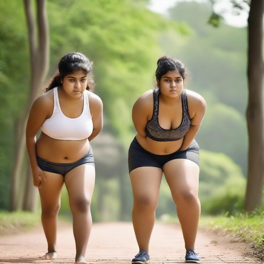 Two chubby, fair-skinned Indian teenage girls are exercising in a serene setting