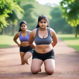 Two chubby, fair-skinned Indian teenage girls are exercising in a serene setting