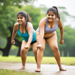 Two chubby, fair-skinned Indian teenage girls are exercising in a serene setting