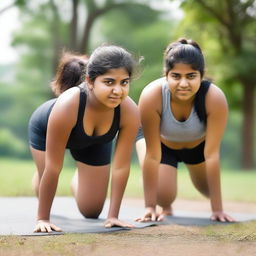 Two chubby, fair-skinned Indian teenage girls are exercising in a serene setting