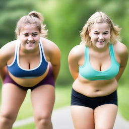 Two chubby, fair-skinned teenage girls are exercising in a serene setting