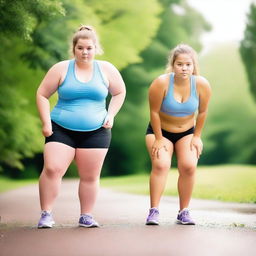 Two chubby, fair-skinned teenage girls are exercising in a serene setting