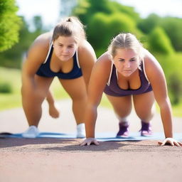 Two chubby, fair-skinned teenage girls are exercising in a serene setting