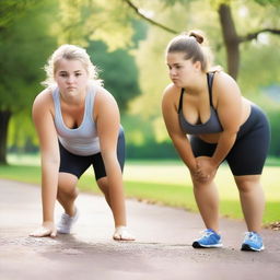 Two chubby, fair-skinned teenage girls are exercising in a serene setting