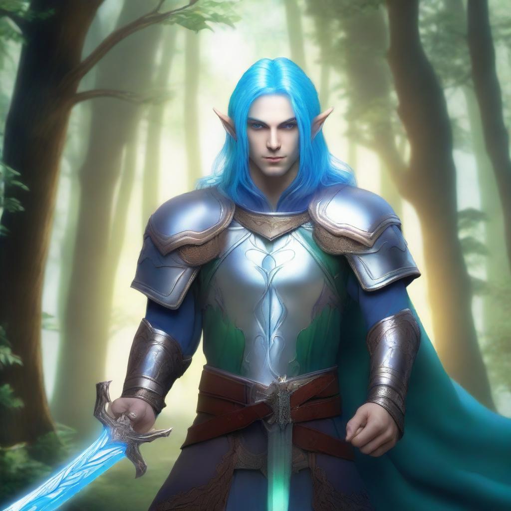 A majestic fantasy paladin with blue hair, pale blue-green skin, and elf ears