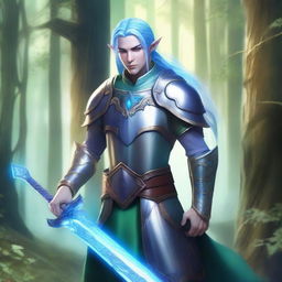 A majestic fantasy paladin with blue hair, pale blue-green skin, and elf ears