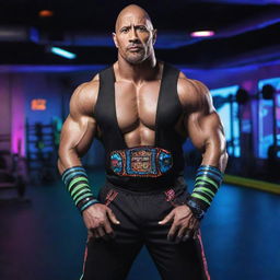 Actor and wrestler The Rock styled in vibrant electropunk fashion, featuring neon lights, electric charged accessories, and situated in a high-tech, energetic gym environment.