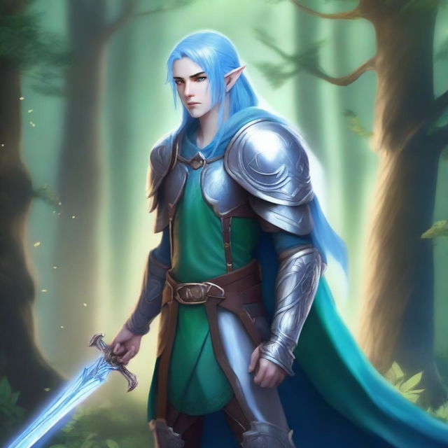 A majestic fantasy paladin with blue hair, pale blue-green skin, and elf ears