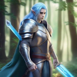 A majestic fantasy paladin with blue hair, pale blue-green skin, and elf ears