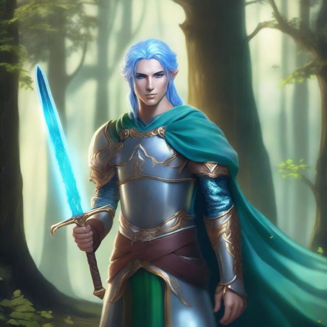 A majestic fantasy paladin with blue hair, blue-green skin, and elf ears