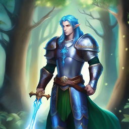 A majestic fantasy paladin with blue hair, blue-green skin, and elf ears