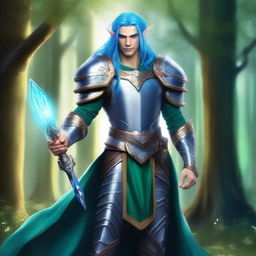 A majestic fantasy paladin with blue hair, blue-green skin, and elf ears