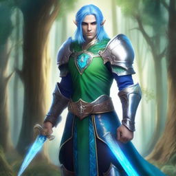 A majestic fantasy paladin with blue hair, blue-green skin, and elf ears