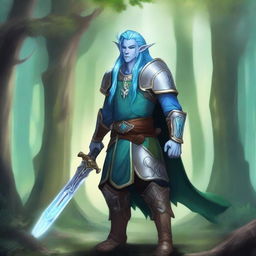 A majestic fantasy firbolg paladin with blue hair, blue-green skin, and elf ears