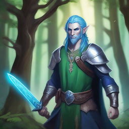 A majestic fantasy firbolg paladin with blue hair, blue-green skin, and elf ears