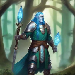 A majestic fantasy firbolg paladin with blue hair, blue-green skin, and elf ears