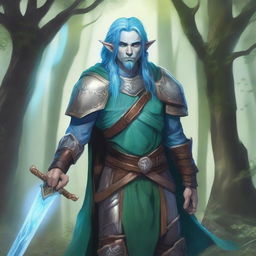 A majestic fantasy firbolg paladin with blue hair, blue-green skin, and elf ears