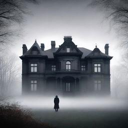 A large, elegant house partially hidden in mist or shadow to suggest mystery and opulence