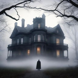 A large, elegant house partially hidden in mist or shadow to suggest mystery and opulence