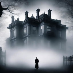 A large, elegant house partially hidden in mist or shadow to suggest mystery and opulence