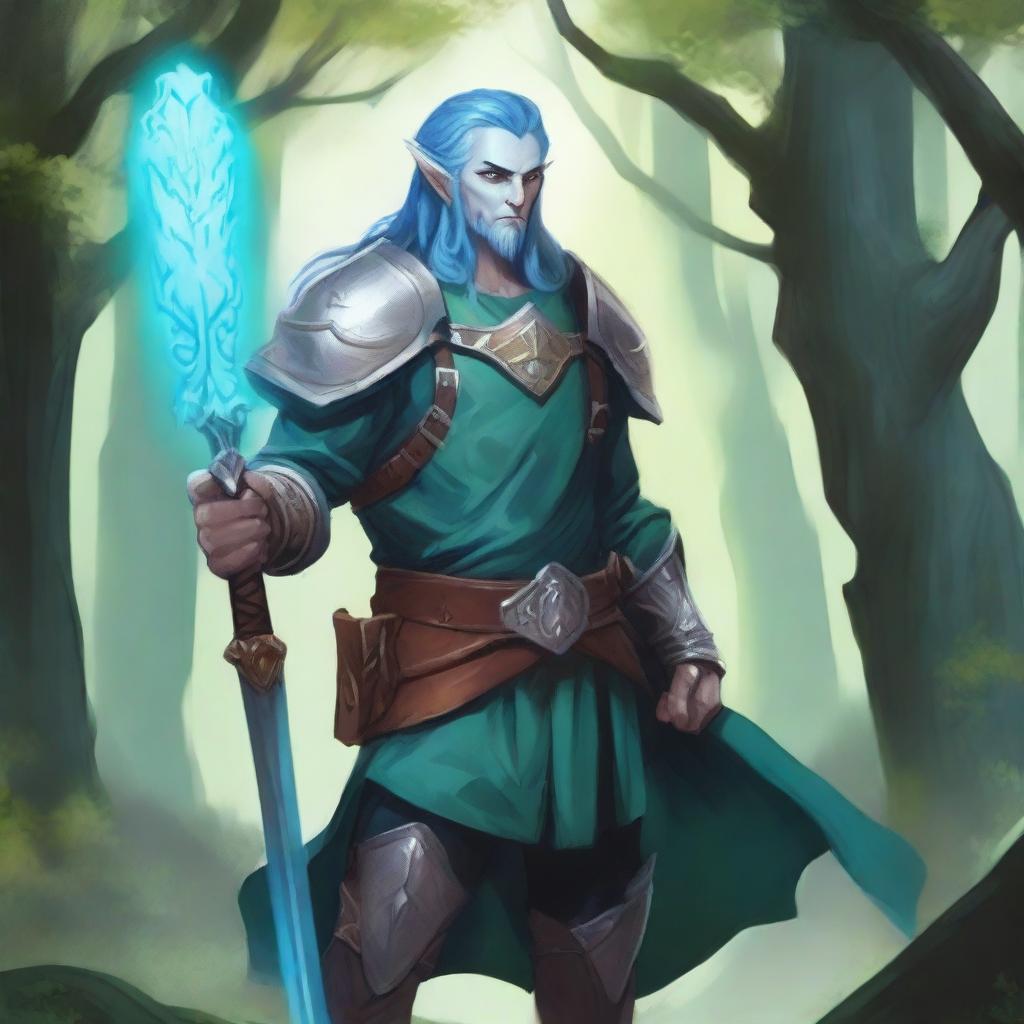 A majestic, skinny fantasy firbolg paladin with blue hair, blue-green skin, and elf ears