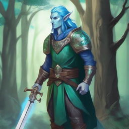 A majestic, skinny fantasy firbolg paladin with blue hair, blue-green skin, and elf ears