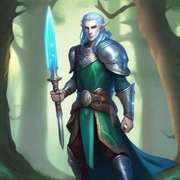 A majestic, skinny fantasy firbolg paladin with blue hair, blue-green skin, and elf ears