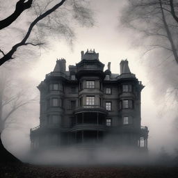 A large, elegant house partially hidden in mist or shadow to suggest mystery and opulence