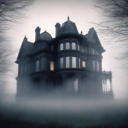 A large, elegant house partially hidden in mist or shadow to suggest mystery and opulence