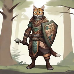 A Tabaxi druid wearing intricately designed leather armor, holding a small shield