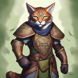 A Tabaxi druid wearing intricately designed leather armor, holding a small shield