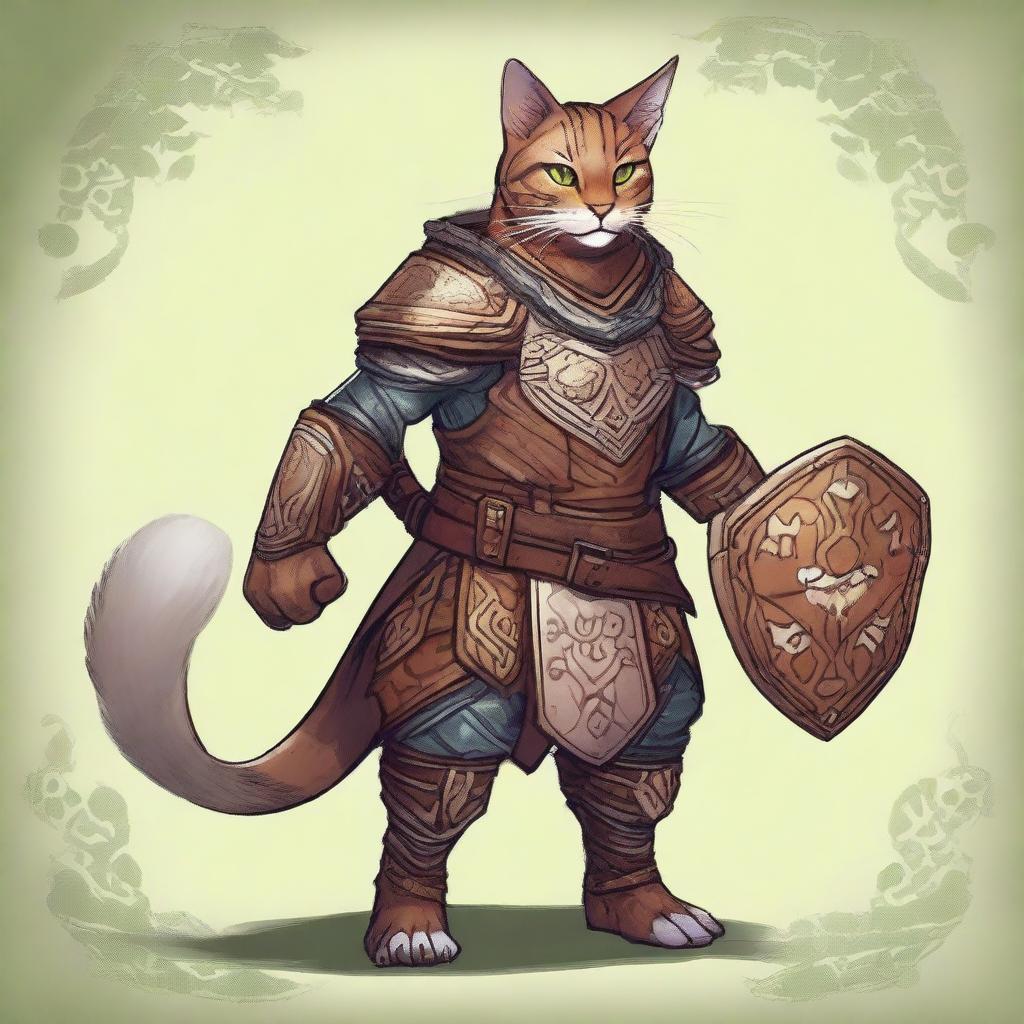 A Tabaxi druid wearing intricately designed leather armor, holding a small shield