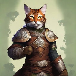 A Tabaxi druid wearing intricately designed leather armor, holding a small shield