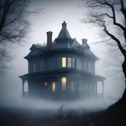 A large, elegant house partially hidden in mist or shadow to suggest mystery but not scary