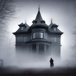 A large, elegant house partially hidden in mist or shadow to suggest mystery but not scary